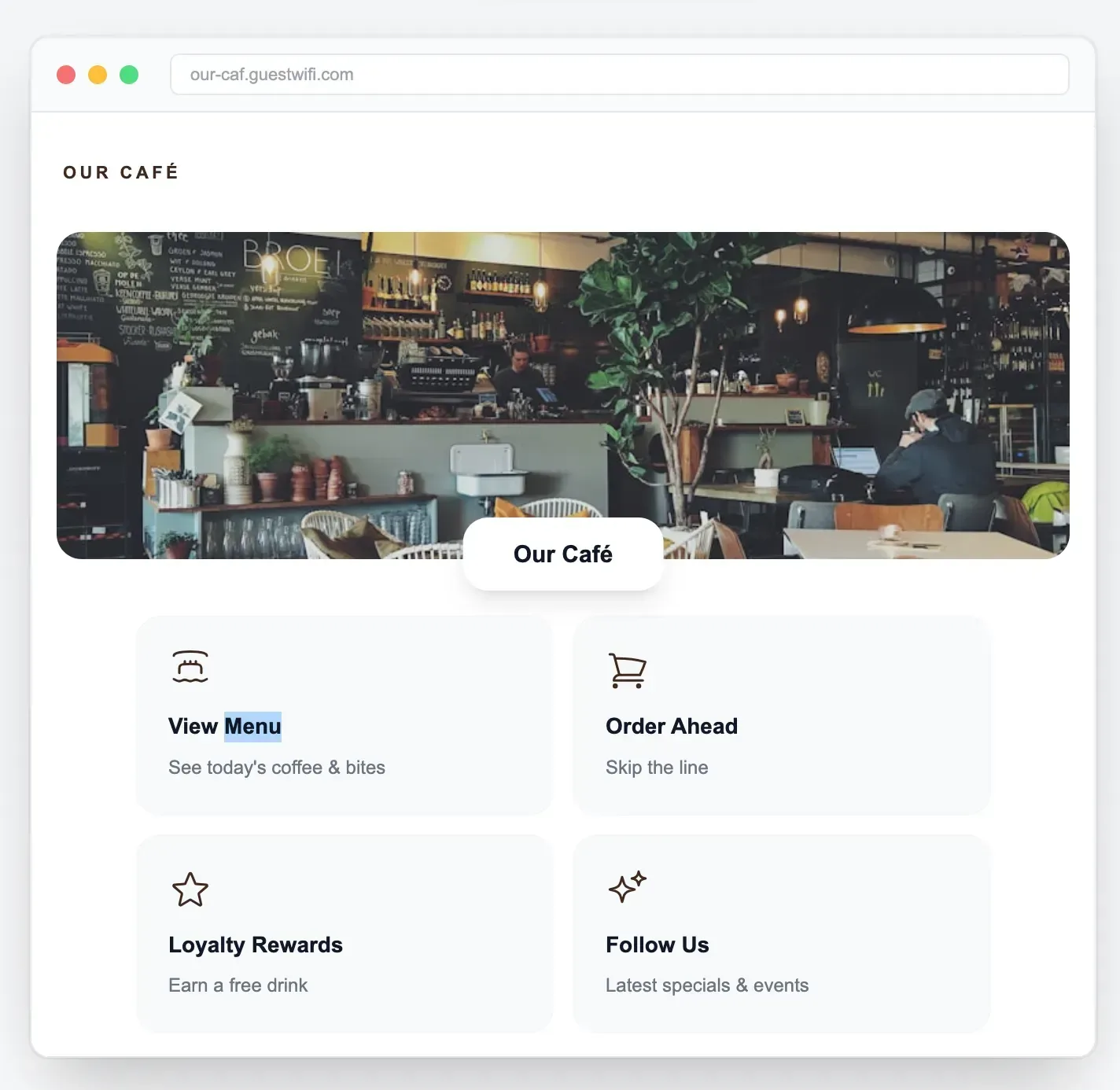 Post-connection homepage for a café — menu, loyalty, social links
