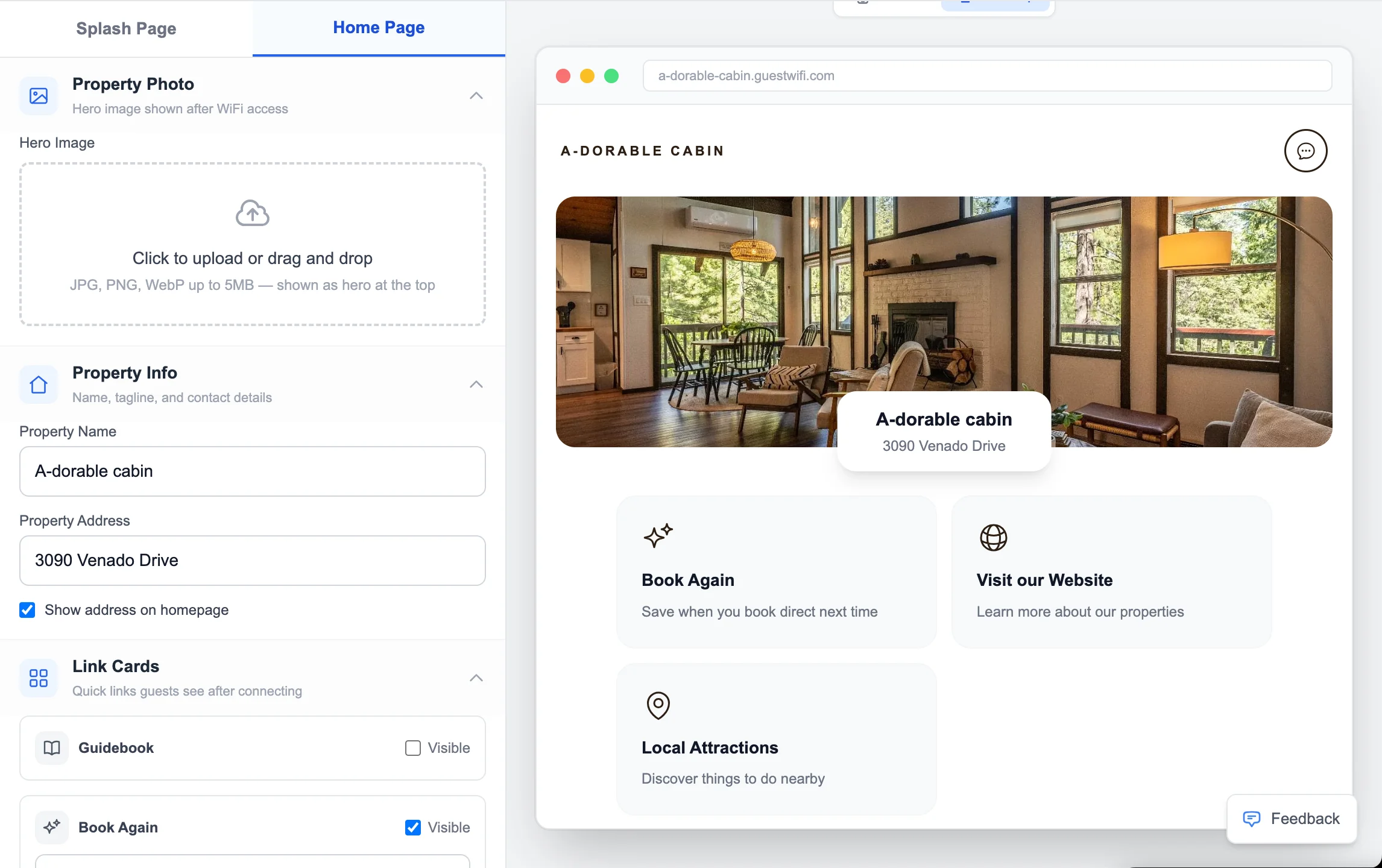 Homepage builder — drag-and-drop editor for the post-connection landing page