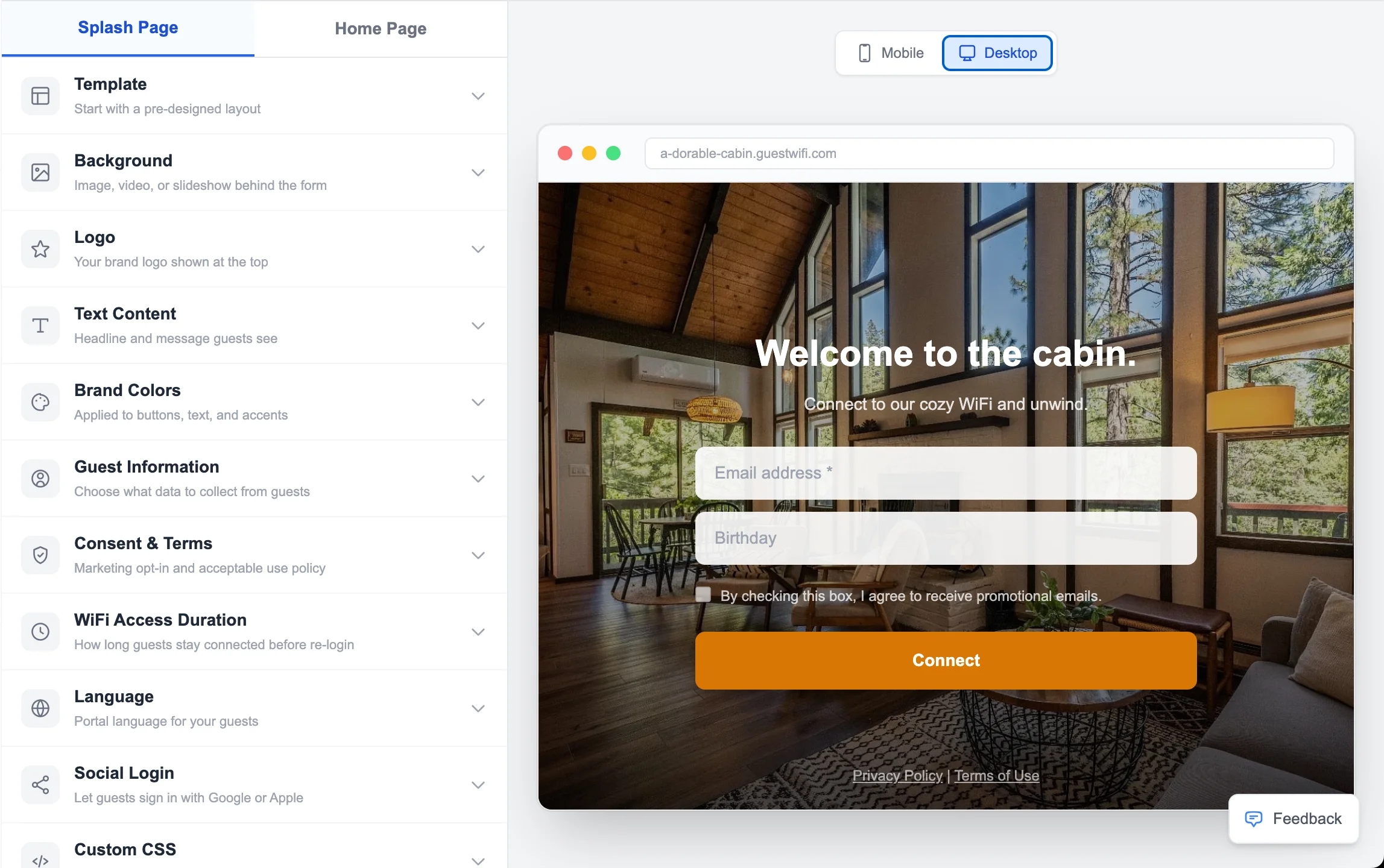 Splash page editor with template selection and live preview