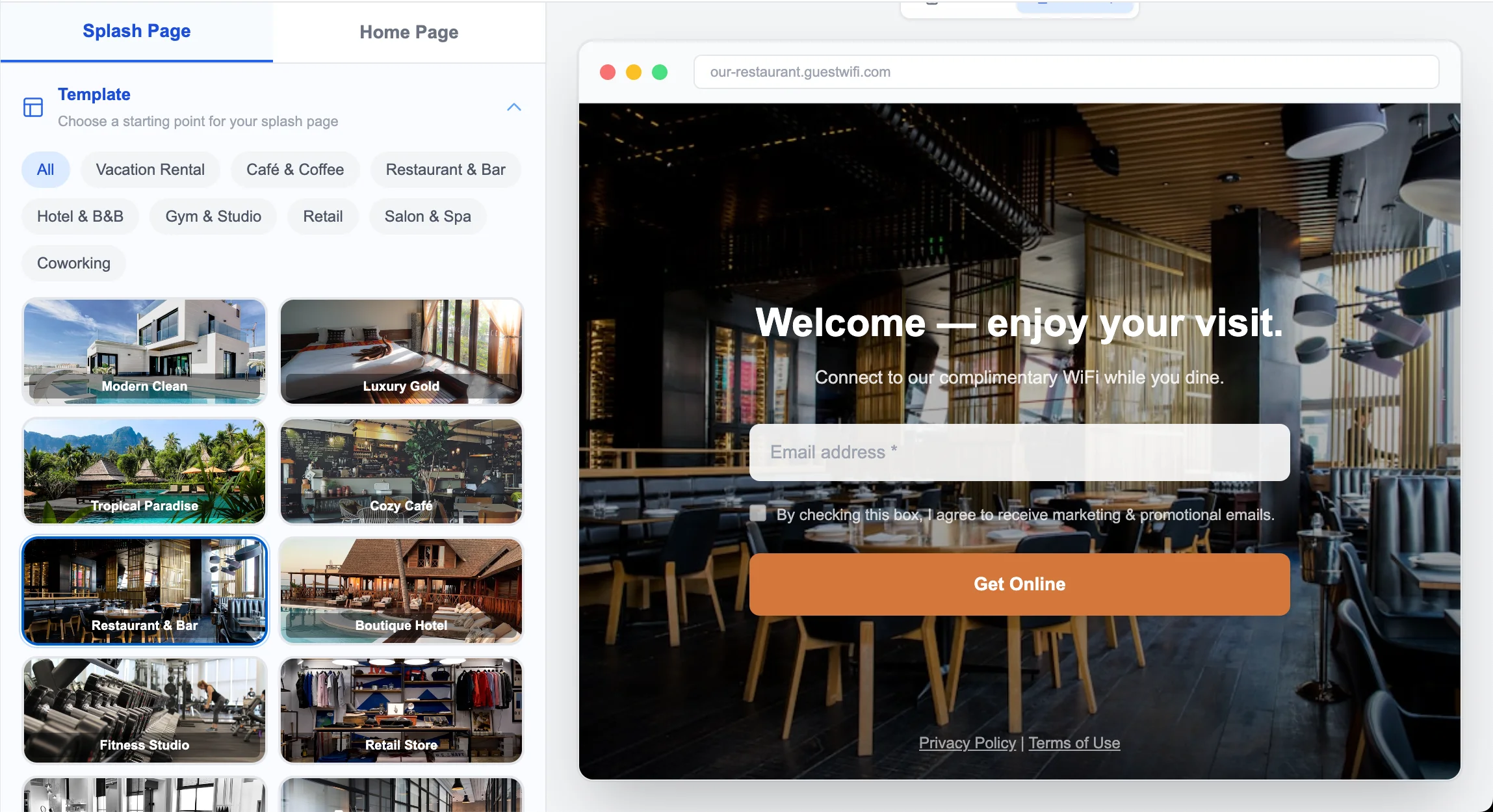 WiFi splash page editor — bar template with live preview