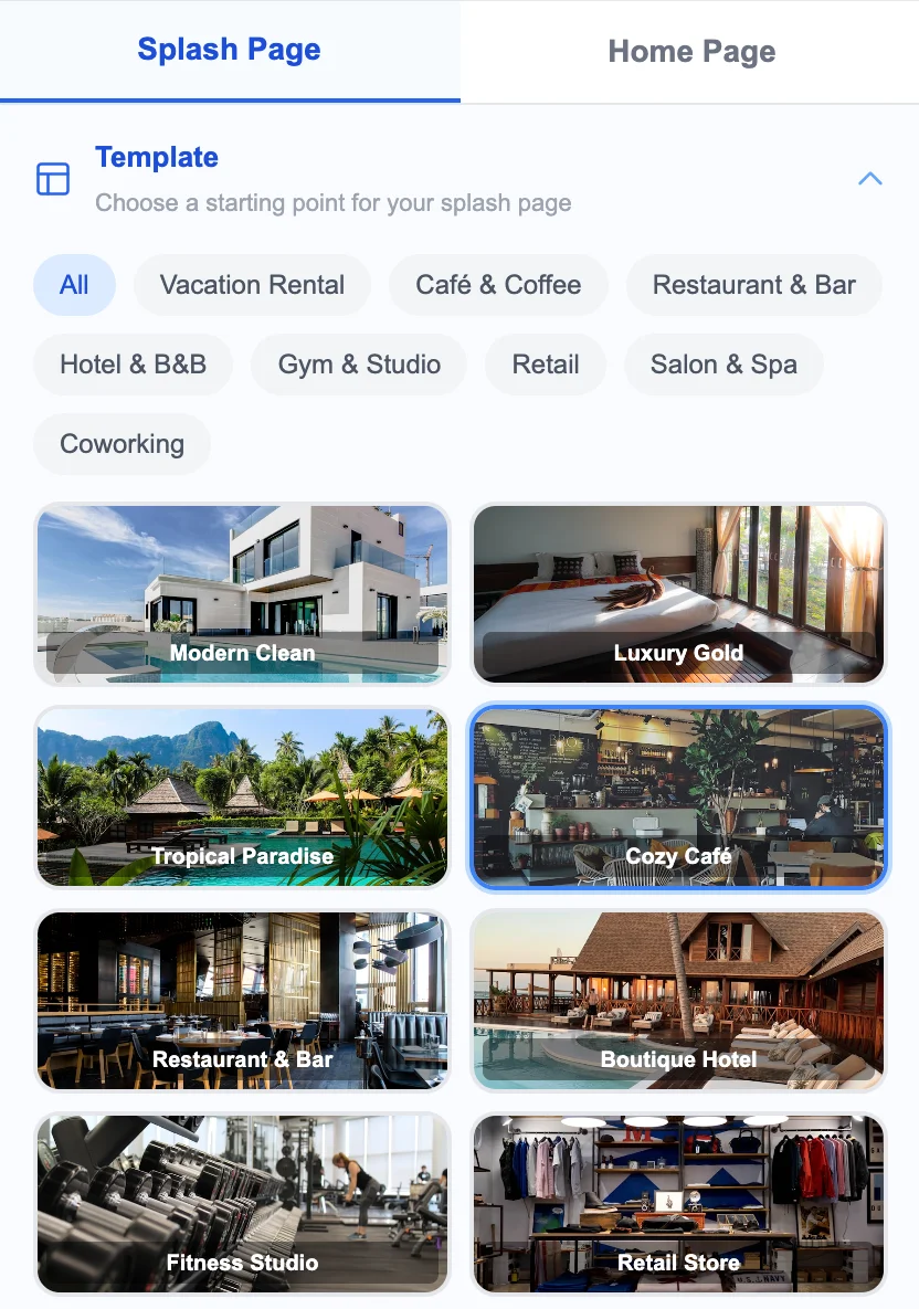 Template gallery showing all 12 designer splash page templates